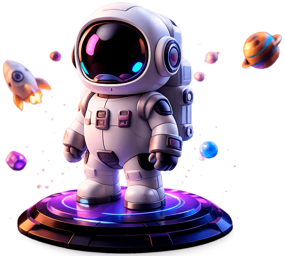 3D printed astronaut toy on a glowing neon platform